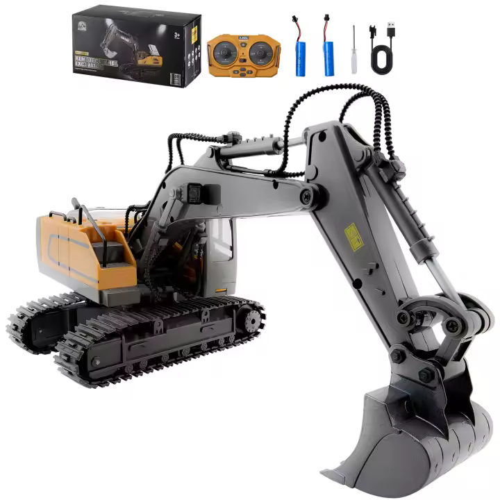 SucceBuy Excavadora de juguete con control remoto, 11 canales, escala 1:20, excavadora RC con luces y sonidos, vehículo de construcción totalmente funcional para niños, 2 baterías, regalo de cumpleaños ideal - 1