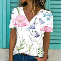 Camiseta de Manga Corta con Cuello en V Moda Blanca para Mujeres Estampado 3D de Lavanda - details 24