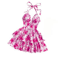 Vestido decorativo con borde de volantes y cuello con cordones y estampado de rosas de acuarela azul y blanco retro para vacaciones de mujer - details 0