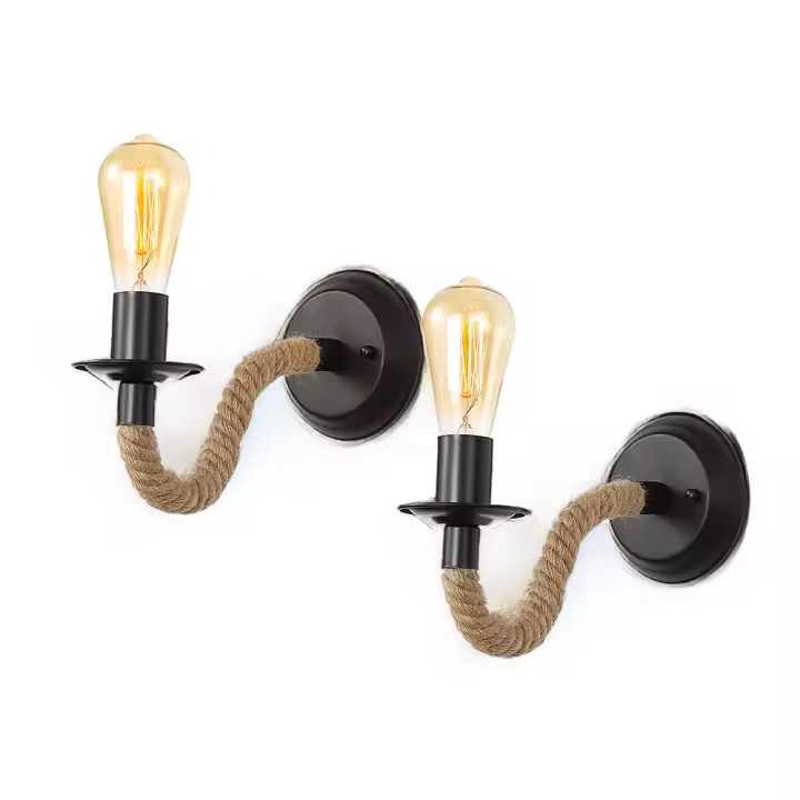 Lámpara de Pared Industrial Vintage, 2 piezas, Apliques de Pared Interior, Cuerda de Cáñamo, Aplique de Pared Retro E27 para - 1