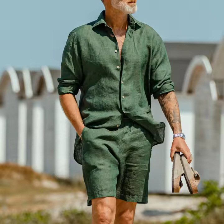 2025 Hombre europeo y americano lino verano solapa manga larga camisa verde pantalones cortos traje casual de dos piezas - 1