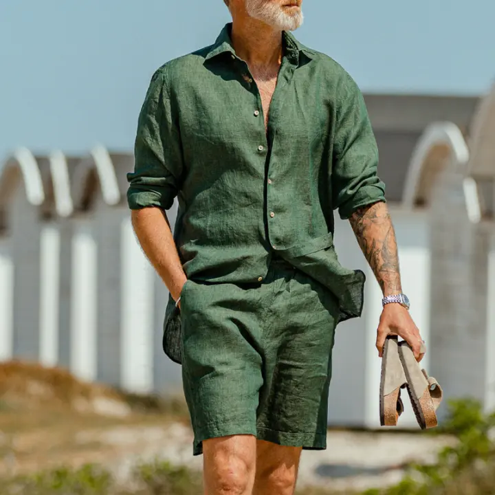 2025 Hombre europeo y americano lino verano solapa manga larga camisa verde pantalones cortos traje casual de dos piezas - 1