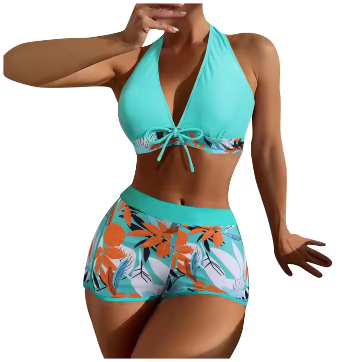 Bikini abierto con estampado de hojas retro en talla grande, conjunto de traje de baño de dos piezas con correas estables para mujer - 1