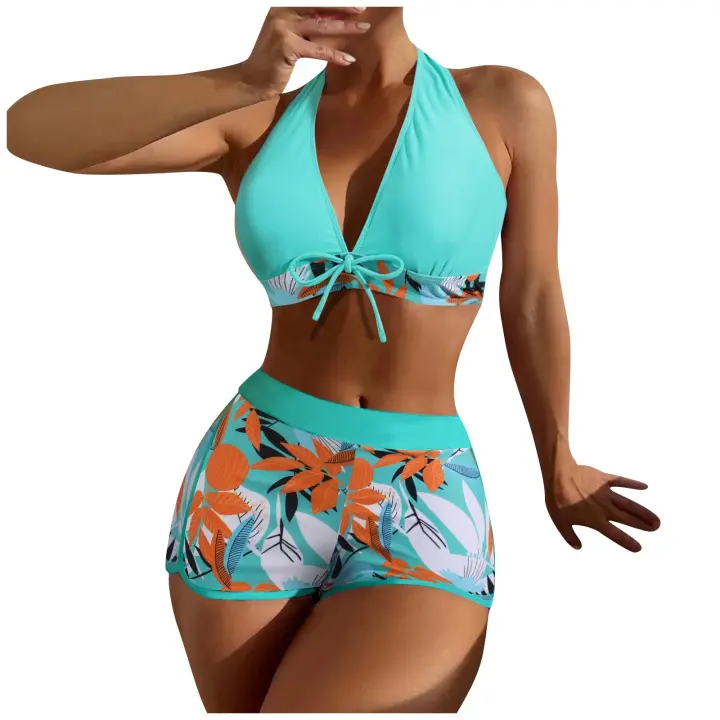 Bikini abierto con estampado de hojas retro en talla grande, conjunto de traje de baño de dos piezas con correas estables para mujer - 1