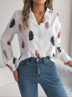 Blusa de manga larga con estampado de plumas para mujer, camisa blanca a la moda, Top informal para oficina, ropa elegante para mujer, novedad de otoño - details 3