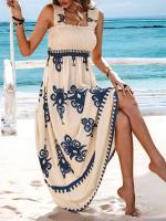 Vestido largo con tirantes y espalda desplegada para mujer, ribete elástico plisado con estampado vintage, cómodo, informal, para vacaciones - details 14