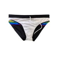 Jessborn calzoncillos de baño para hombre, bañador sexy a la moda con rayas de arcoíris, pantalones cortos de natación de cintura baja, traje de baño de entrenamiento de playa de primavera caliente - details 13