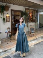 Vestido vaquero Vintage elegante con cuello en V, falda acampanada de longitud media, cintura alta coreana, manga corta, moda de verano para mujer - details 12