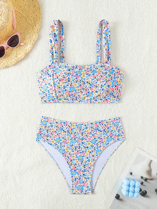 Conjunto de bikini sexy para mujer Traje de baño floral de dos piezas Top bandeau Parte inferior de talle alto con almohadillas extraíbles - 1