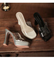 Transparente tacones altos impermeable mesa de una palabra cristal zapatillas frescas tacón grueso hermoso desgaste exterior verano super tacón alto - details 24