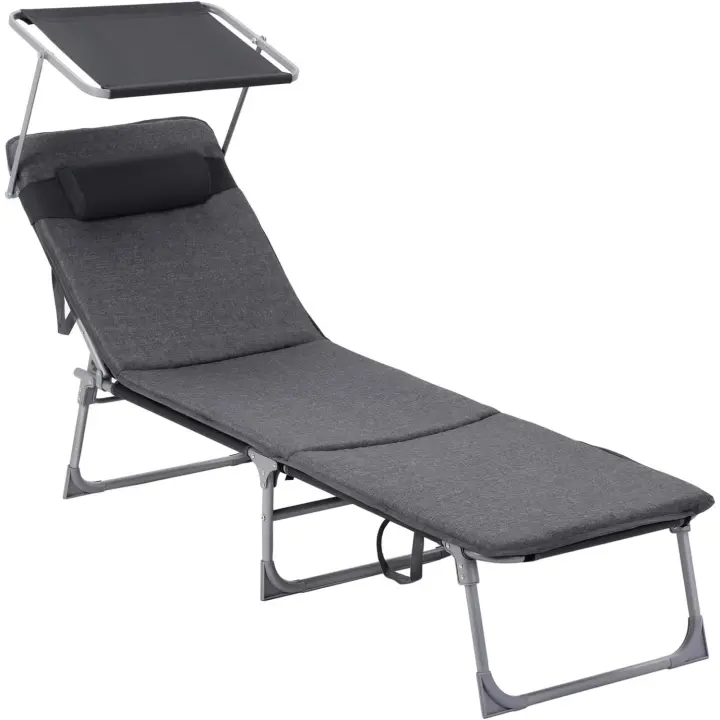 3 cm, Plegable, Tumbona, 193 x 53 x 29,5 cm, Capacidad 150 kg, Sombrilla Respaldo Inclinable, Jardín, Piscina, Terraza, Negro GCB193B01 - 1