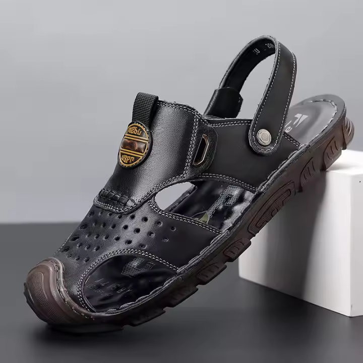 Primera capa de cuero de vaca sandalias de los hombres de la bolsa de la cabeza de verano desgaste casual zapatos de playa de los hombres antideslizante hueco zapatillas de los hombres tendones de res - 1