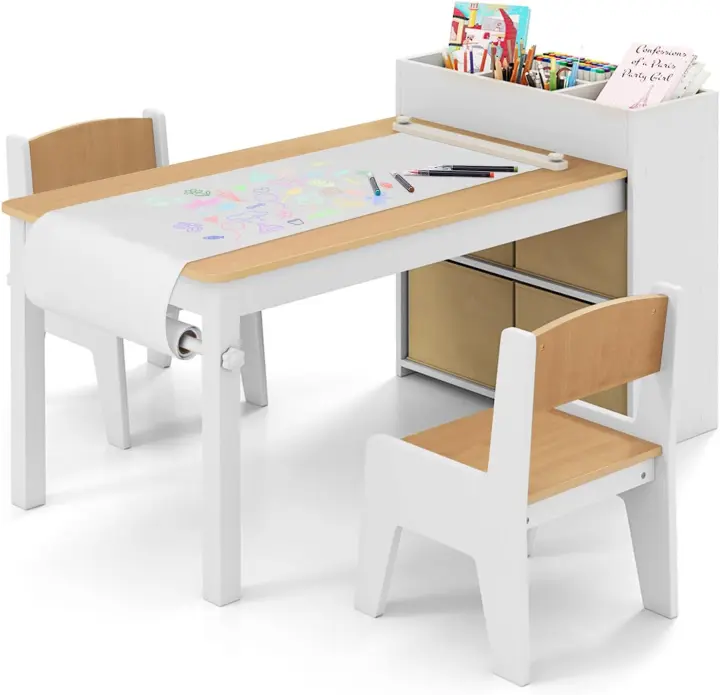 Juego de mesa de arte y actividades para niños, mesa de manualidades con 2 sillas, rollo de papel, estantes y 4 cestas de tela, para niños en la sala de juegos (gris) - 1