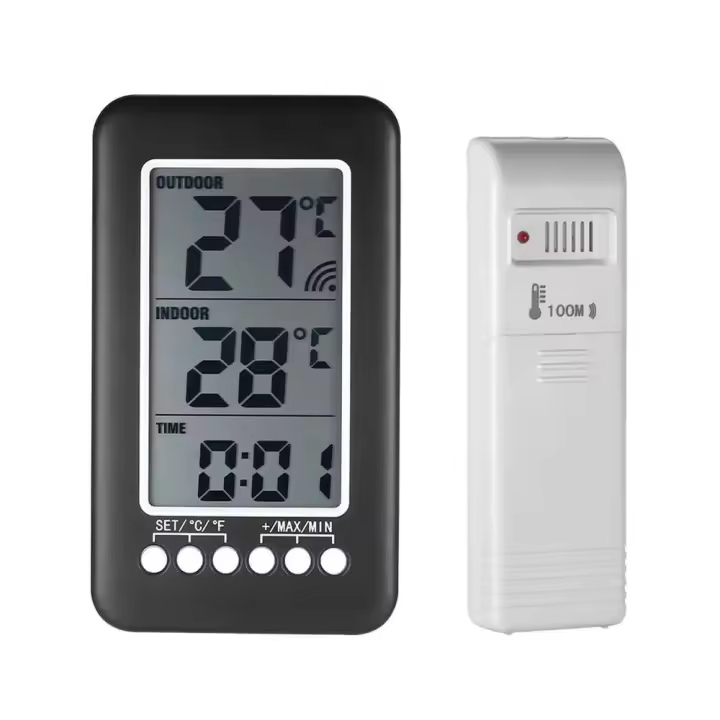 Termómetro inalámbrico digital LCD para interiores y exteriores, termómetro con pantalla de reloj de 12/24 horas y transmisor - 1