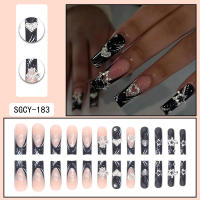 Uñas Postizas Brillantes Con Patrones Franceses Y Mariposas Flores Diamantes Combo De 24 Uñas Largas Coffin Fake Nails - details 4
