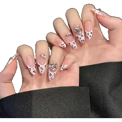 Uñas Postizas de Leopardo Estilo Francés Brillantes con Diamantes y Diseño de Ojo de Gato - 1