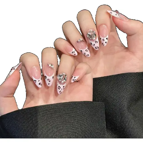 Uñas Postizas de Leopardo Estilo Francés Brillantes con Diamantes y Diseño de Ojo de Gato - 1