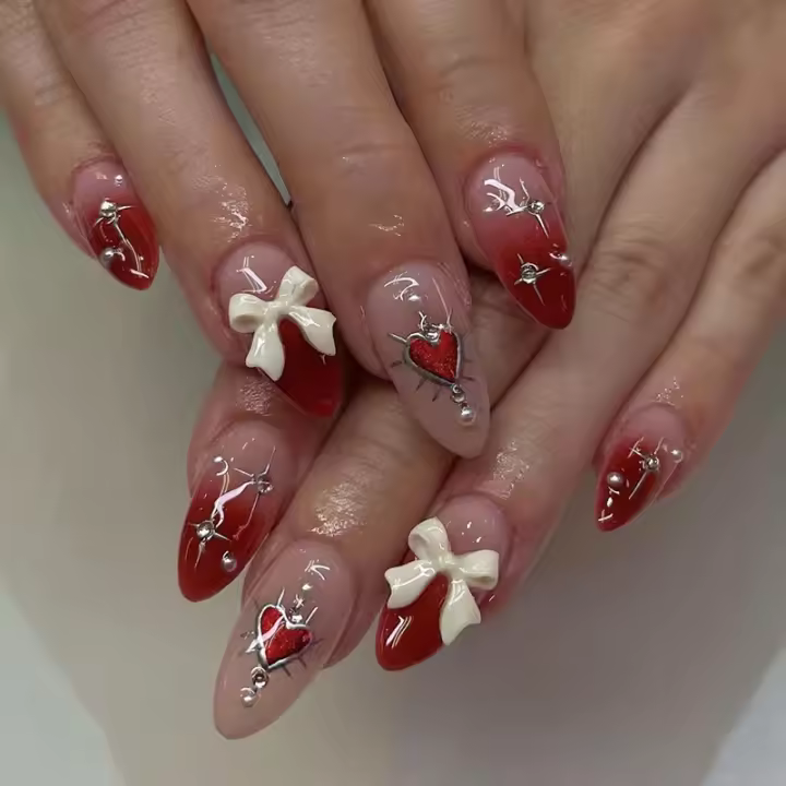 24 Uds. Uñas Postizas De Forma Almendrada Para Día De San Valentín Con Nudo De Perla Y Amor 1 Archivo Y 1 Pegamento De Gelatina - 1