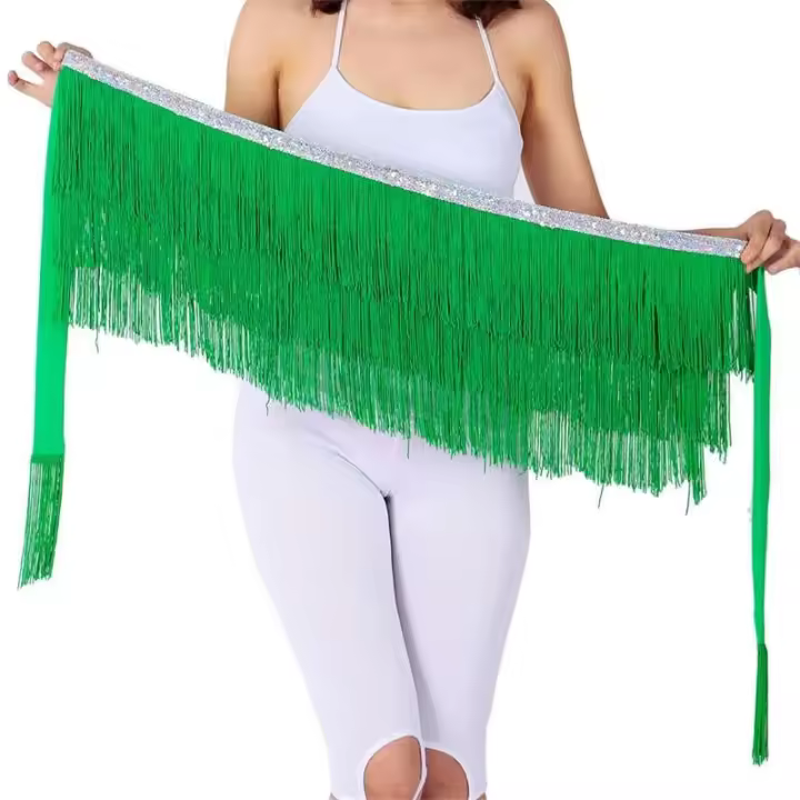 Bufanda para el vientre, falda circundante de la tribu árabe, cinturón con borlas, cadena de cintura brillante para mujer, clase de baile Tre - 1