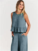 Conjunto casual de verano para mujer, top sin mangas plisado y pantalones cortos de pierna ancha - details 34