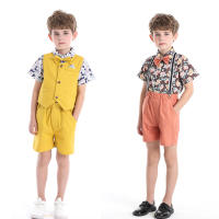 Traje de verano para niños, chaleco, camisa Floral de manga corta, pantalones cortos con tirantes, conjunto de tres piezas, traje Pastoral de moda - details 0