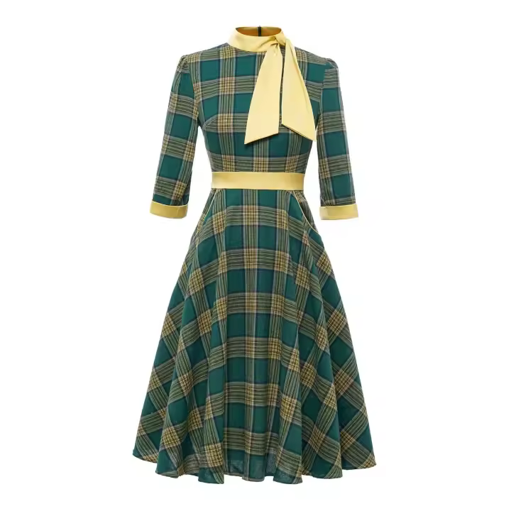 Vestido Midi de Cuello Alto con Lazo de Cuadros Retro Moda de Invierno para Mujeres Hepburn - 1