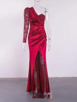 Vestido de noche de satén, lentejuelas de un hombro, vestido de graduación largo hasta el suelo dividido - details 14