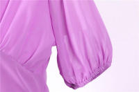 Elegante vestido de fiesta largo de gasa con cuello en V, mangas cortas tipo farol y color sólido para mujer, verano. - details 26