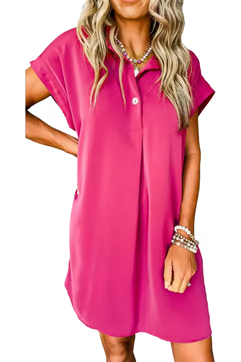 Elrachen Mini vestido de mujer con cuello abotonado en rojo rosa, rojo rosa, tallas S-2XL - 1