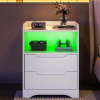 Mesitas de Noche con luces LED y Estación de Carga (2 Tomas AC, 2 Puertos USB) Mesita de Noche Blanca Mesas Auxiliares con 1 compartimento abierto y 2 cajones para Dormitorio Salón - details 46