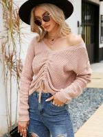 Suéter de manga larga con cuello en V, suéter Sexy de Color sólido Irregular con cordón, Top de otoño e invierno, nuevo - details 2