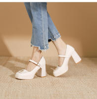 Zapatos de punta cuadrada con tacón grueso y tacón alto plano con hebilla de flor pequeña - details 17