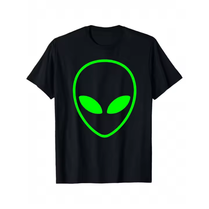Camiseta negra 100% algodón para hombre con estampado gráfico de extraterrestre verde neón: informal con cuello redondo, corte de verano para adultos, lavable a máquina, lista para usar |     Diseño deportivo - 1