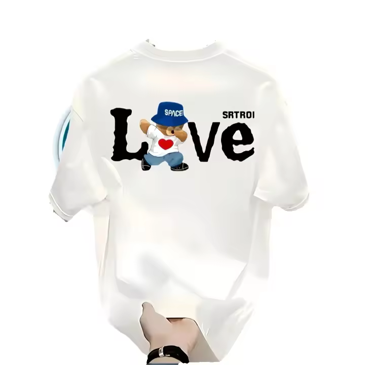 negro con estampado "LOVE" y diseño de oso, ropa informal ligera y transpirable, camiseta de algodón - 1