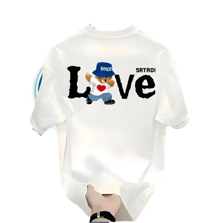negro con estampado "LOVE" y diseño de oso, ropa informal ligera y transpirable, camiseta de algodón - 1
