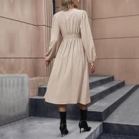 Vestido Elegante de Color Sólido para Mujer Primavera Otoño 2025 Cuello en V Manga Larga con Abertura Promoción - details 3