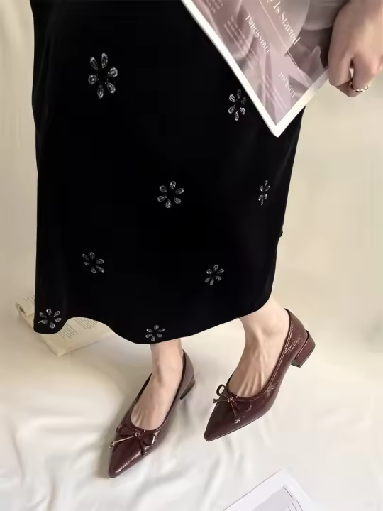Nuevo arco tacón grueso versátil viajero puntiagudo Mary Jane boca poco profunda viajero versátil zapatos individuales zapatos de mujer - 1