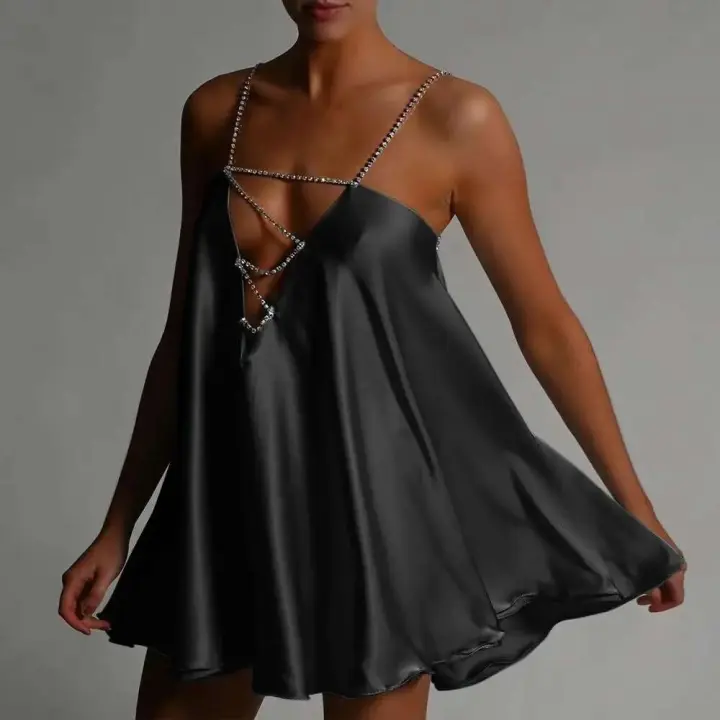 Vestido corto casual con tirantes y cadena para mujer, ribete de color liso con cuello en V, corte A, fiesta, club, calle, S-XL - 1