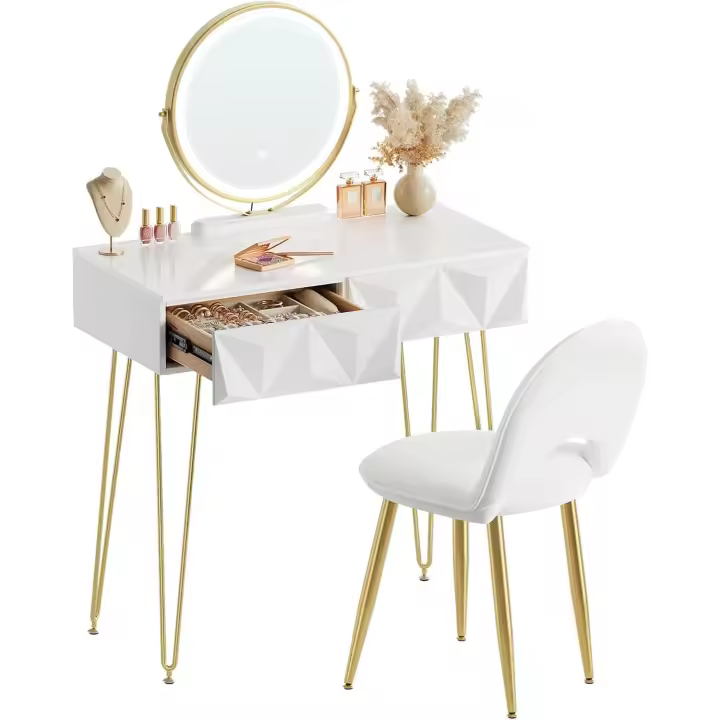 Tocador Maquillaje con Espejo y Luz LED, Iluminación Ajustable, Conjunto de Mesa Tocador con Silla Terciopelo, Tocador Escritorio con 2 Cajones, Blanco + Dorado, 0056SZT - 1