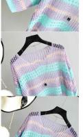 Blusas caladas coloridas de media manga para mujer, camisa de punto de seda de hielo a rayas, jersey holgado de estilo Retro, camisetas sin mangas ligeras - details 16