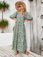 Vestido suelto de manga media con cuello redondo y falda larga floral informal retro de talla grande - details 5