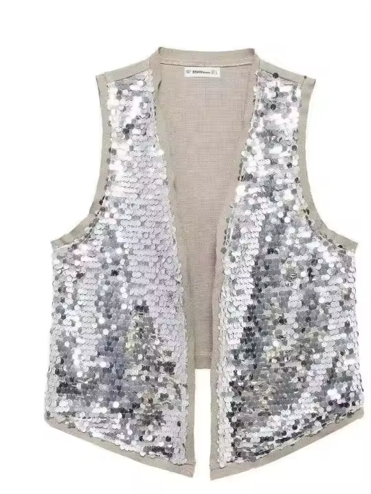 Zevity Top de Chaleco Retro Casual para Mujeres Escalera de Lentejuelas de Diseño de Parches de Moda Europea con Decote en V - 1