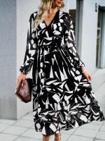 Vestido de manga larga con cuello en V estampado informal para vacaciones de otoño a la moda para mujer - details 22