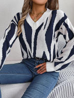 Jersey con cuello en V para mujer, suéter de manga larga con patrón geométrico de contraste, hilo de rosca, Tops informales de punto, otoño e invierno, 2023 - details 2