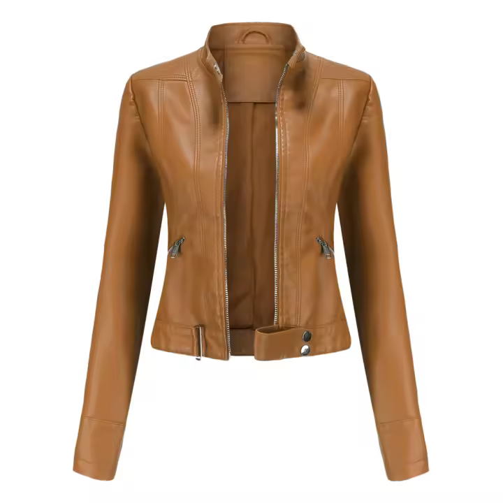 Chaquetas de piel sintética para mujer, abrigo ajustado con cremallera para motocicleta, abrigo corto de PU para motorista - 1