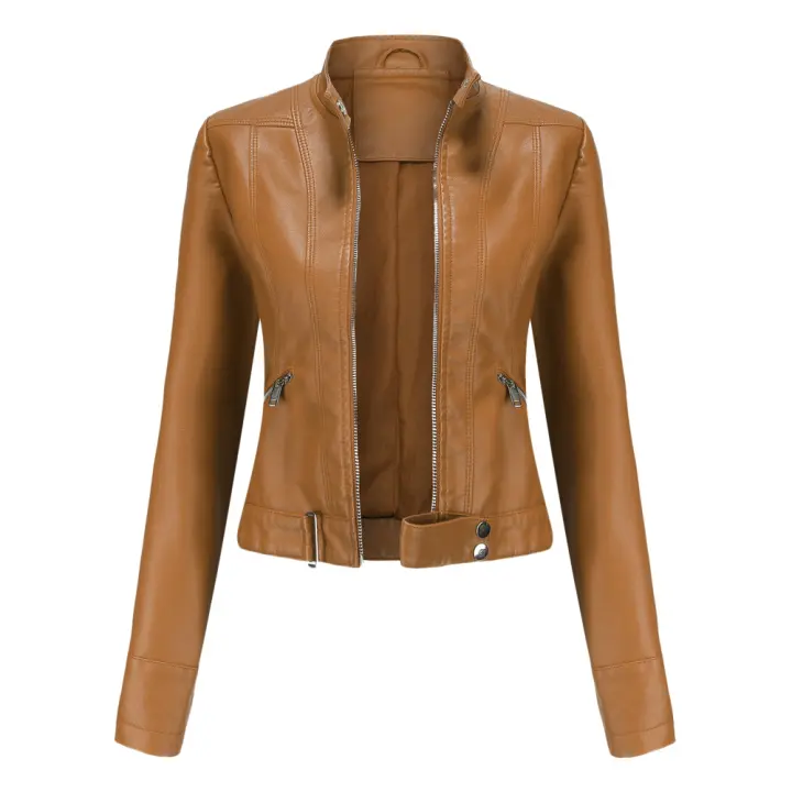 Chaquetas de piel sintética para mujer, abrigo ajustado con cremallera para motocicleta, abrigo corto de PU para motorista - 1