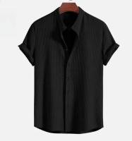 Camisa de manga corta a rayas Vtical para hombre con cuello alto, Top holgado informal de gran tamaño a la moda para playa, Color sólido, - details 5
