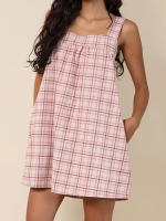 Maemukilabe Vestido de mujer vintage a cuadros sin mangas con cuello cuadrado y espalda descubierta, minivestido holgado de verano con bolsillos - details 1