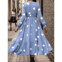 Moda femenina 2024 Primavera Vestido acampanado de manga larga con cuello en V y estampado de lunares - details 4