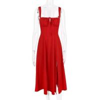 Vestido Midi bohemio de verano con tirantes finos y abertura en el muslo, vestido con lazo en la parte delantera, estampado liso, sin mangas, Vintage, vestidos de playa - details 21
